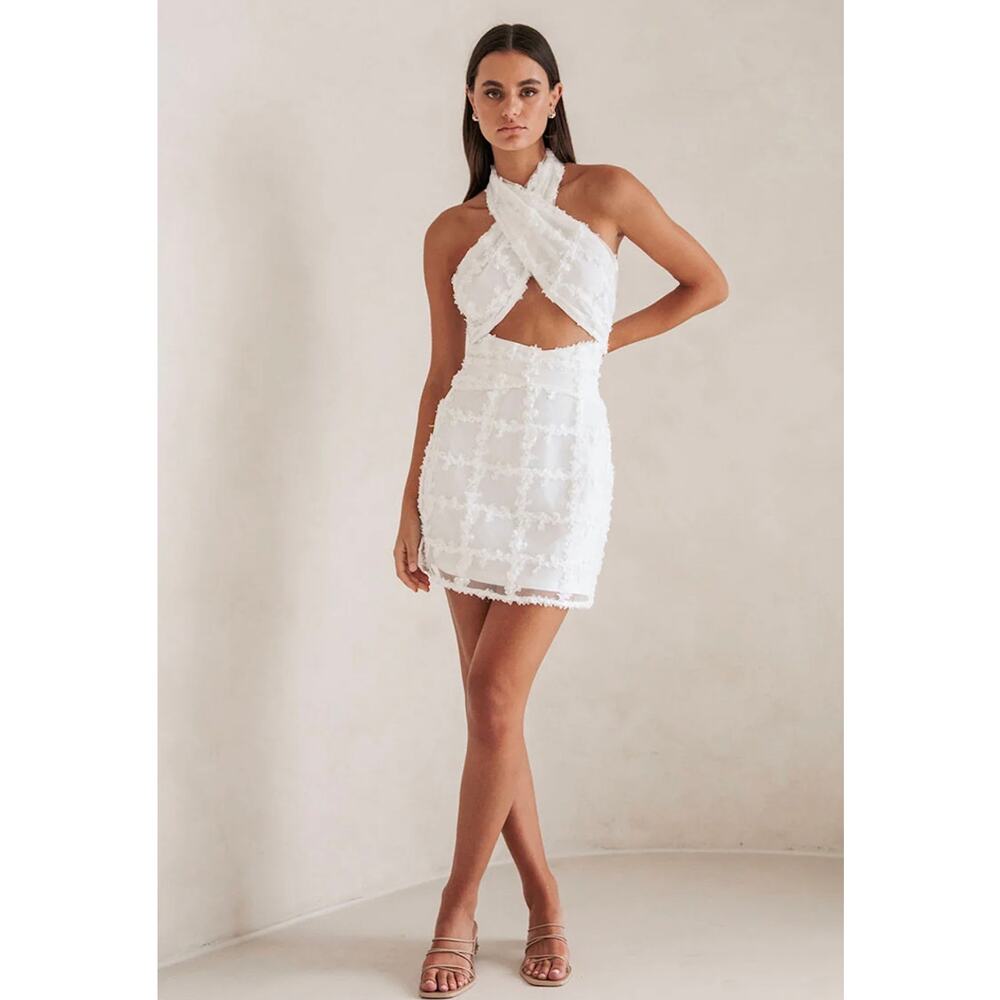 Sabo Womens 8 White Floral Lace Halter Mini Dress Open Back NEW Tredy Glam